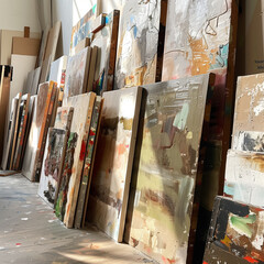 Multiple canvases with various stages of paintings leaning against a wall in an art gallery, showcasing different styles and techniques