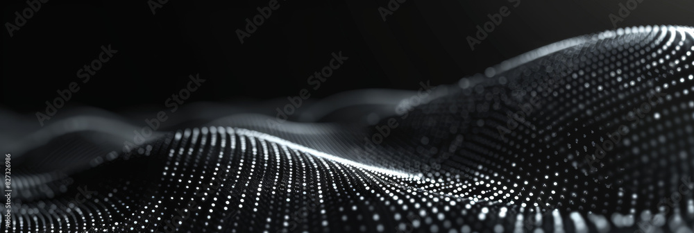 Poster black background with white dots and lines in the shape of an wave, black and white abstract waves w