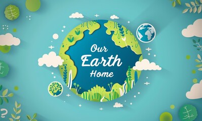 earth with organic shapes and lines, featuring the text "Our Earth is our Home" with muted green accents and geometric patterns and organic elements to create harmony between nature and technology.