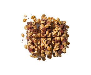 Obraz premium Healthy granola cereal bars with oats, nuts, and chocolate of stacked almond granola bars with loose almonds on transparent background Ai generative.