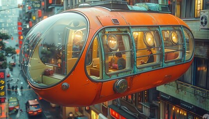 Futuristic capsule taxi flying above a bustling city street.