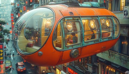 Obraz premium Futuristic capsule taxi flying above a bustling city street.