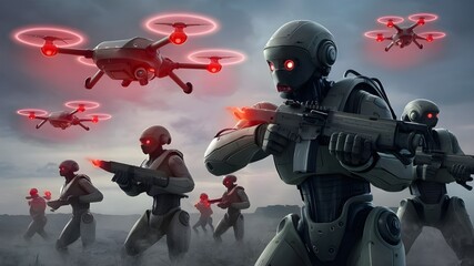 AI automated robots and drones in battle