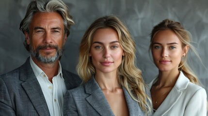 business colleagues headed with boss posing to camera over grey wall in office