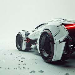 AI generated illustration of a modern red and white sports car against a white backdrop with rocks
