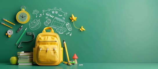 yellow backpack with school supplies on green background