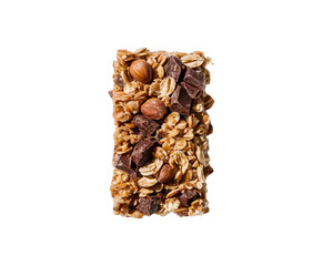 Obraz premium Healthy granola cereal bars with oats, nuts, and chocolate of stacked almond granola bars with loose almonds on transparent background Ai generative.