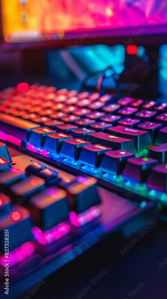 Poster a colorful keyboard with a rainbow of lights on it
