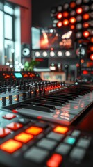 Create a professional music studio with red and black as the theme