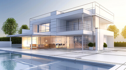 modern house with a large glass window and a swimming pool in front of it