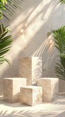 Sunlit marble podium with tropical plant shadows for product display