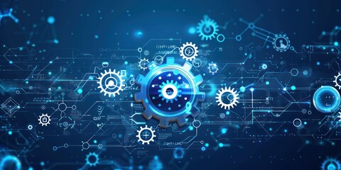 Obraz premium Abstract digital background with blue color, gears and icons of the energy industry on dark blue background