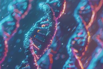 Neon pink and blue DNA helixes intertwined, artistic scientific visualization with glowing effects and abstract background