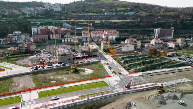 Drone shot of the buildings on the artificial island of Zorrotzaurre in Bilbao, Spain