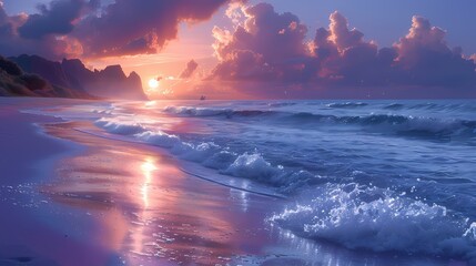 tranquil beach with soft liquid hues at dawn
