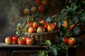 ** a bountiful arrangement of fresh apples in a rustic basket, set against a moody autumnal backdrop. **