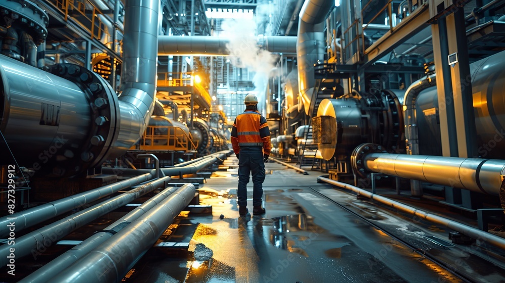 Wall mural oil and gas worker walking through a maze of pipes and valves at an industrial plant