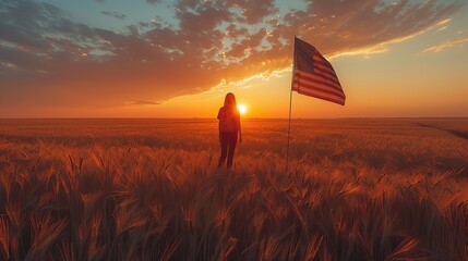 at twilight an american flag flies over a wheat field the fourth of july national holiday