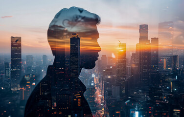 Double exposure of a man silhouette and cityscape at sunset
