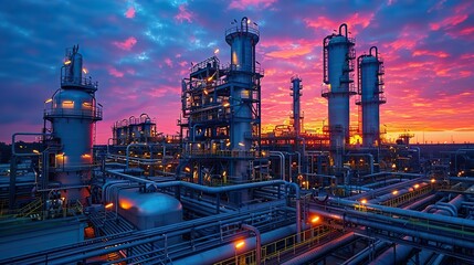 industrial furnace and heat exchanger cracking hydrocarbons in factory on sky sunset background close up of equipment in petrochemical plant