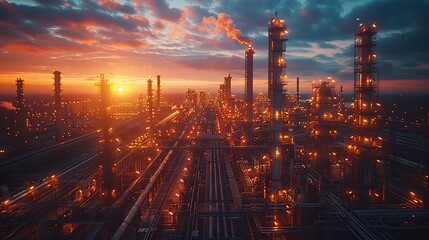 Naklejka premium industrial furnace and heat exchanger cracking hydrocarbons in factory on sky sunset background close up of equipment in petrochemical plant