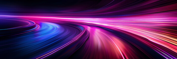 A minimalistic background with blurred light trails in purple and pink, speed motion. Pink and purple neon light trails in motion creating a dynamic and futuristic visual experience
