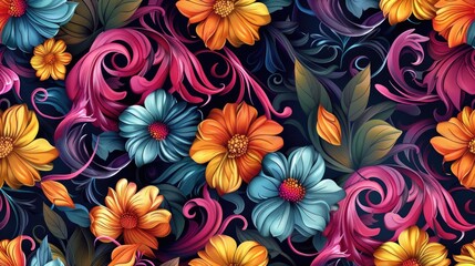High quality photo of a seamless pattern featuring colorful floral designs