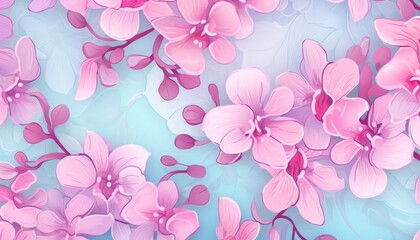 Fototapeta premium A vibrant illustration of pink and purple flowers against a soft blue background, perfect for spring and nature-related themes.