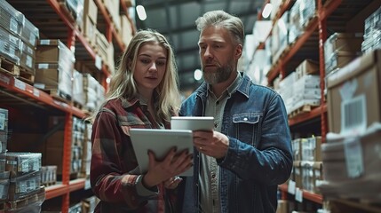 a distribution warehouse manager and a client businesswoman assess inventory storage on a shelf using a digital tablet at the storage room a storehouse supervisor worker with