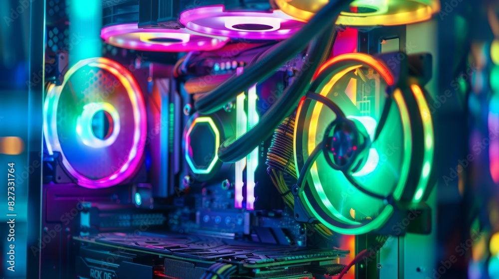 Poster A computer case with a colorful fan on the inside