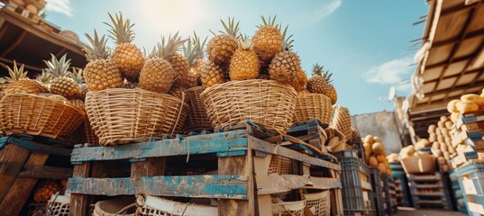 Fresh pineapples in baskets at beach fruit stand  tropical delight under blue sky