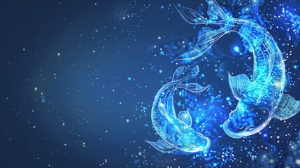 Pisces horoscope zodiac with galaxy stars blue background.