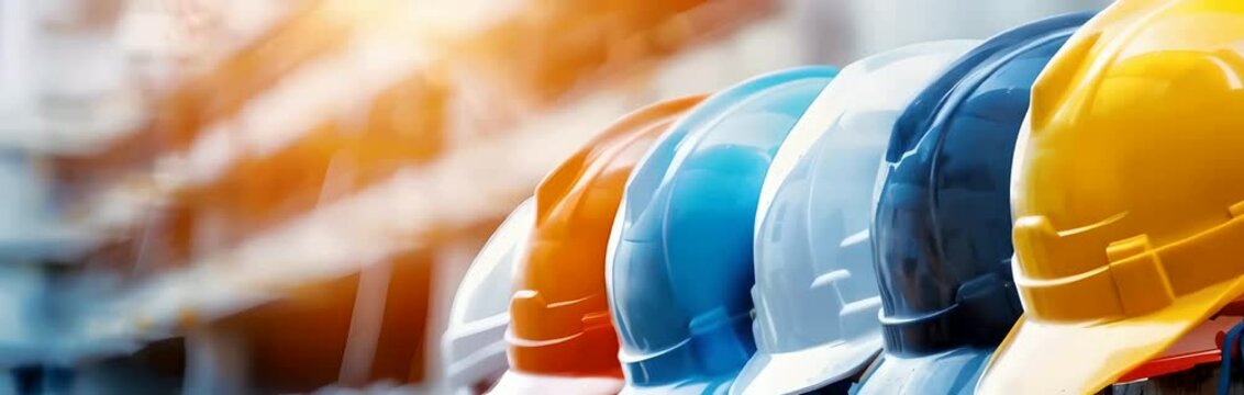 Colorful construction helmets lined up in a row safety at industrial sites, Safety gear, construction equipment, industrial concept