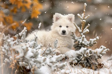 Obraz premium Adorable samoyed puppy sitting in snowdrift with playful, mischievous expression