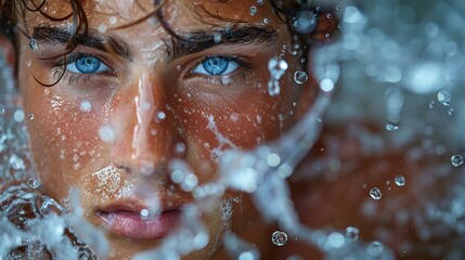 cleaning with a handsome young male splashing his skin for beauty