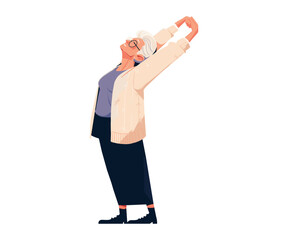 Senior woman going exercise, stretching in break. Workout for flexibility and relaxation, maintaining health. Elderly person moves towards longevity, healthy lifestyle. Vector cartoon illustration