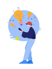 Young man and idea bulbs