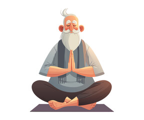 Senior man sitting in pose lotus, meditation exercise, yoga. Elderly person moves towards longevity, healthy lifestyle. Vector cartoon illustration