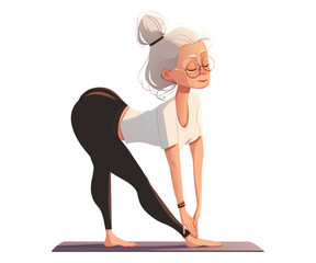 Senior woman going exercise, stretching, practicing Pilates. Active sports for flexibility and relaxation, maintaining health. Elderly person moves towards longevity, healthy lifestyle. Vector cartoon