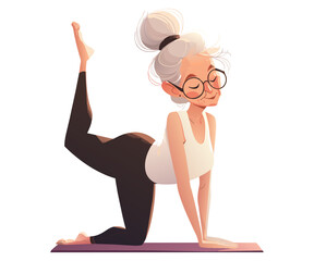 Senior woman going exercise, stretching, practicing Pilates. Sports for flexibility, relaxation, maintaining health. Elderly person moves towards longevity, healthy lifestyle. Cartoon illustration