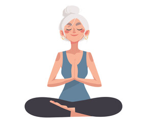 Senior woman sitting in pose lotus, meditation exercise, yoga. Elderly person moves towards longevity, healthy lifestyle. Vector cartoon illustration