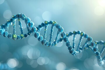 Blue and green DNA helix with glowing nodes in a soft focus environment, highlighting the interplay of science and nature