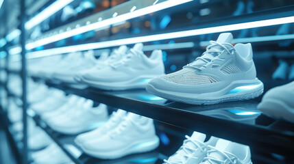 stylish fashionable sports sneakers on a shelf in a store, futuristic design, shoes, boots, fashion, footwear, casual attire, display window, shoe, model, pair, fitness, sneaker, showcase, market
