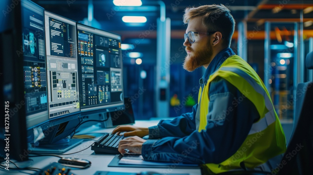 Poster A man in a yellow vest is sitting in front of a computer with a keyboard