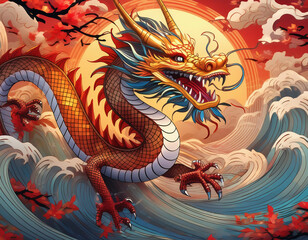 Obraz premium In a captivating painting, a dragon, a revered symbol in Japanese mythology, is depicted with dynamic movement 