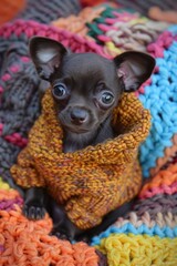 Adorable chihuahua puppy in tiny sweater on colorful blanket, playfully gazing at camera