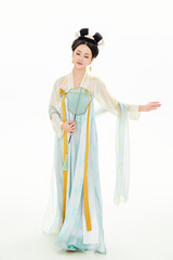 A woman wearing ancient Chinese clothing against a white background.