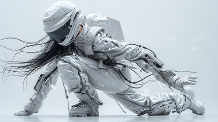 Futuristic astronaut in white suit kneeling with long hair blowing in the wind.
