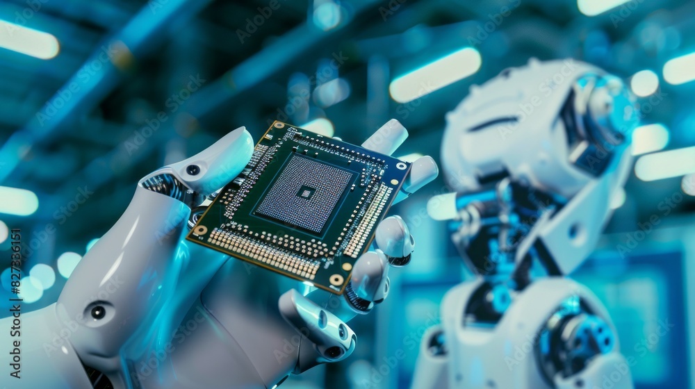 Aufkleber a robot is holding a computer chip in its hand