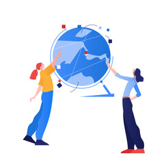 Two teens studying a globe together